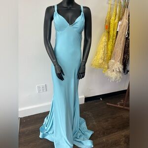 Light blue stretch jersey v neck sleeveless long dress with open ruched back